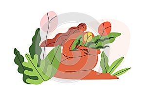 Nude woman with flowers. Happy naked female with plants in nature. Psychological concept of body positive, mental health