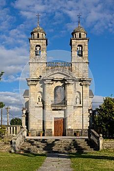 Nuestra seÃ±ora de los remedios church in the beautiful medieval village of Castro Caldelas at sunset, Ourense, Galicia, Spain photo