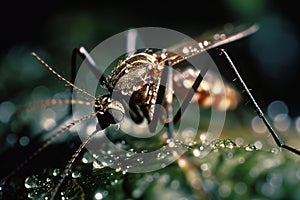 Nuisance of nature: Aedes Albopictus mosquito feeding on leaves in close-up