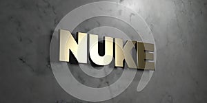 Nuke - Gold sign mounted on glossy marble wall - 3D rendered royalty free stock illustration