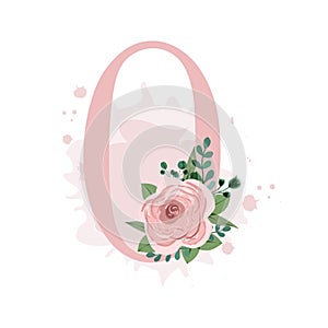 Number 0 decorated with pink rose, leaves and watercolor splash isolated on white background