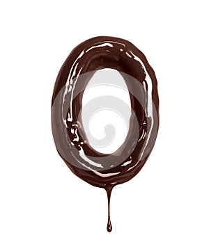 Number 0 with dripping drop is made of melted chocolate, isolated on white background