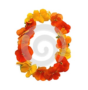 number 0, letter O or round circle frame made of fresh, just picked, real flowers