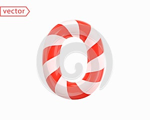 Number 0. Number zero sign white intertwined with red ribbon. Numeral as Candy Cane in cartoon style. Glossy object isolated on