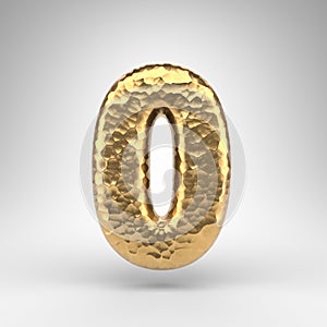 Number 0 on white background. Hammered brass 3D number with shiny metallic texture