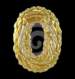 Number 0 zero made of crumpled gold foil isolated on black background. 3d