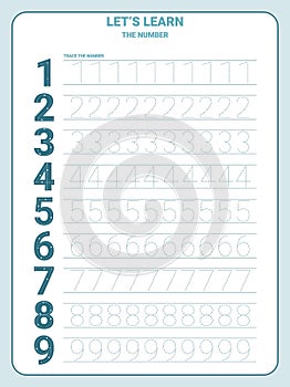 Number 1-10 tracing practice worksheet with all numbers for kids learning to count and to write