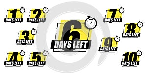 Number 1, 2, 3, 4 5 6 7 8 9 10 of days left to go Collection badges sale landing page banner. Vector illustration