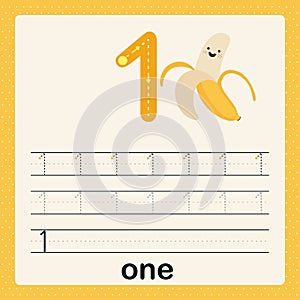 Number 1, card for kids learning to count and to write, worksheet for kids to practice writing skill, Vector illustration