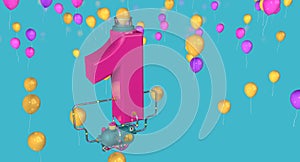 Number 1 floating in the air connected to a compressor by glass pipes expelling balloons on a blue background with yellow, red and