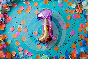 Number 1 happy birthday background. Foil party balloon with confetti and streamers