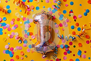 Number 1 happy birthday background. Foil party balloon with confetti and streamers