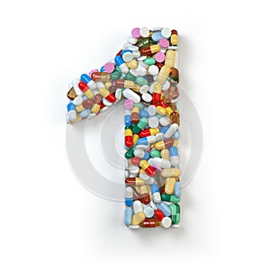 Number 1 one. Set of alphabet of medicine pills, capsules, table