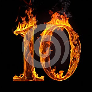 Number 10 made of fire flame on black background. Hot orange blaze. 3D rendering