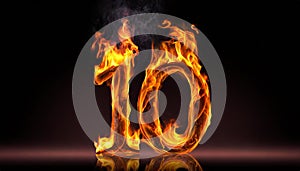Number 10 made of fire flame on black background. Hot orange blaze. 3D rendering