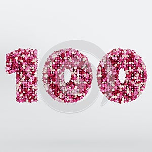 Number 100 3D Text Illustration, Digits With Pink And Cream Colors Stars, 3D Render