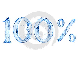 Number 100 and percent sign made with a splash of water, isolated on a white background