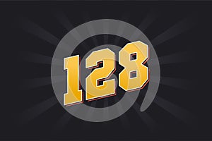 Number 128 vector font alphabet. Yellow 128 number with black background