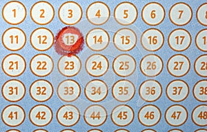 number 13 circled in red on a bingo card lottery