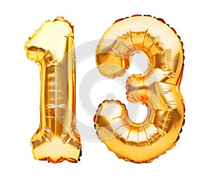 Number 13 thirteen made of golden inflatable balloons isolated on white. Helium balloons, gold foil numbers. Party decoration,