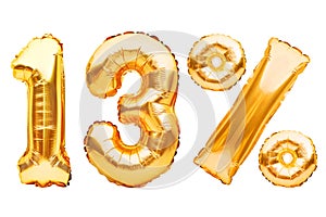 Number 13 thirteen and percent sign made of golden helium inflatable balloons isolated on white. Gold foil numbers for