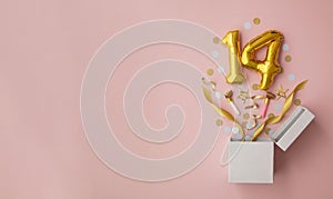 Number 14 birthday balloon celebration gift box lay flat explosion