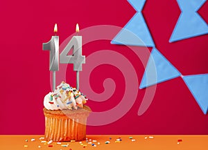 Number 14 candle with birthday cupcake on a red background with blue pennants