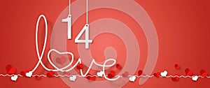 Number 14 with love sign and many heart on red background. Greeting card for Valentineâ€™s day.