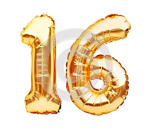 Number 16 sixteen made of golden inflatable balloons isolated on white. Helium balloons, gold foil numbers. Party decoration,