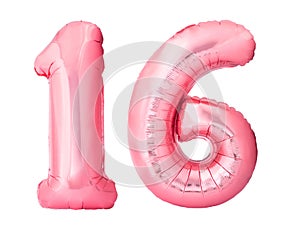 Number 16 sixteen made of rose gold inflatable balloons isolated on white background