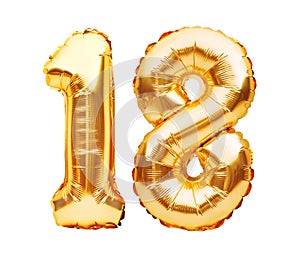 Number 18 eighteen made of golden inflatable balloons isolated on white. Helium balloons, gold foil numbers. Party decoration,