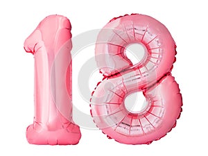 Number 18 eighteen made of rose gold inflatable balloons isolated on white background