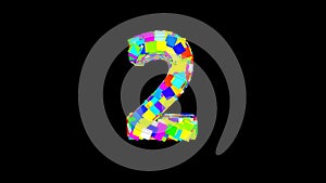 Number 2. 3D Bright colored uppercase large number 2 empty black background isolate. Color font