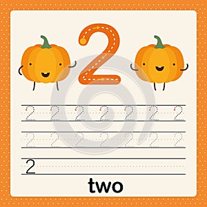 Number 2, card for kids learning to count and to write, worksheet for kids to practice writing skill, Vector illustration