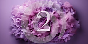 Number 2 on a floral background with feathers in purple tones, number two