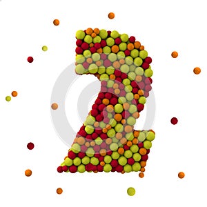 Number 2 is made of brown woolen balls, isolated on white, 3d rendering