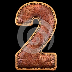 Number 2 made of leather. 3D render font with skin texture on black background.