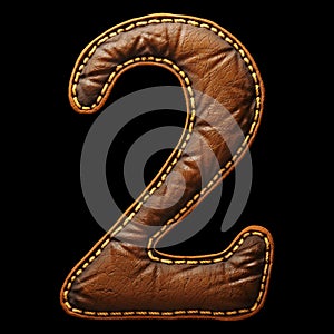 Number 2 made of leather. 3D render font with skin texture isolated on black background.