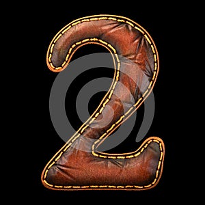 Number 2 made of leather. 3D render font with skin texture isolated on black background.