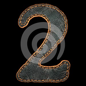 Number 2 made of leather. 3D render font with skin texture isolated on black background.