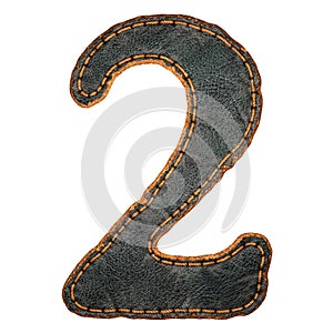 Number 2 made of leather. 3D render font with skin texture isolated on white background.