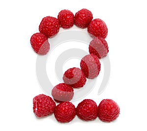 number 2 made from raspberries. isolated on white background for second birthday party