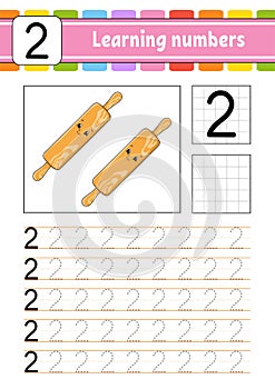 Number 2. Trace and write. Handwriting practice. Learning numbers for kids. Education developing worksheet. Activity page.