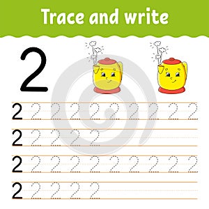 Number 2. Trace and write. Handwriting practice. Learning numbers for kids. Education developing worksheet. Color activity page.