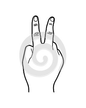 Number 2 or Two Hand Sign, Line Art Style Illustration