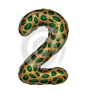 Number 2 two made of golden shining metallic 3D with green glass isolated on white background.