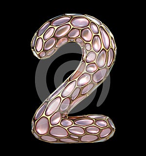 Number 2 two made of golden shining metallic 3D with pink glass isolated on black background.