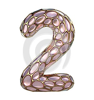 Number 2 two made of golden shining metallic 3D with pink glass isolated on white background.