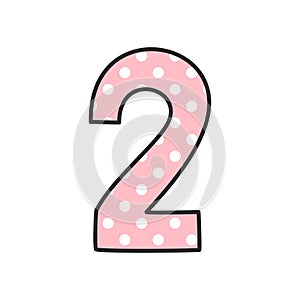 Number 2 with white polka dots on pink, vector illustration