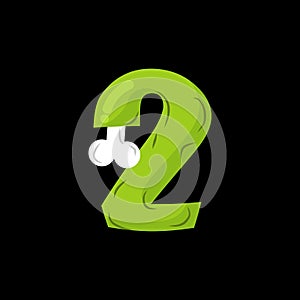 Number 2 zombie. Monster Font two. bones and brains alphabet sign. Green ABC symbol